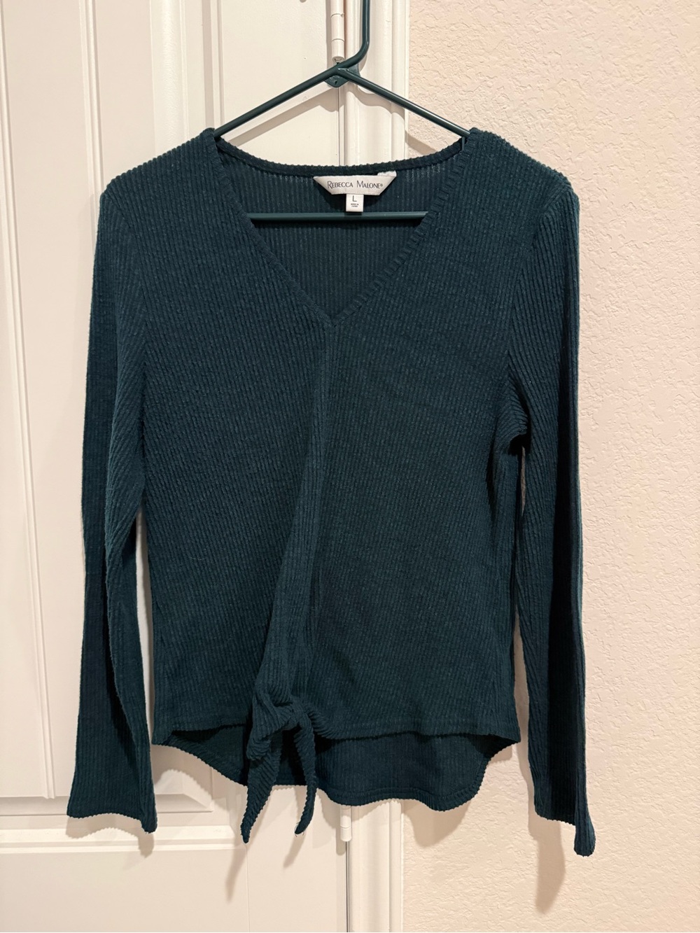Rebecca Malone Teal Ribbed V-Neck Long Sleeve Tie-Front Top
